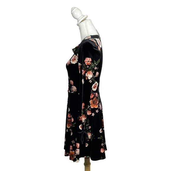 Topshop Velvet Flippy Dress Black Floral Dress Frill Neck Tie Wrist Long Sleeve - Picture 5 of 12